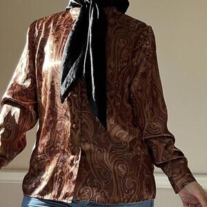Vintage brown paisley satin print blouse